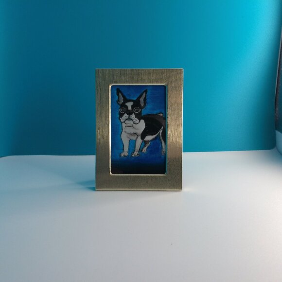 Mini dog Boston Terrier 2"x3" within a new silver color metal Frame - Picture 3 of 6